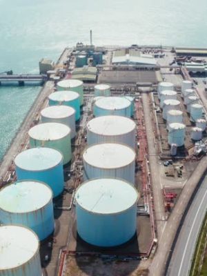 View of tank with oil refinery and petrochemical industrial plant